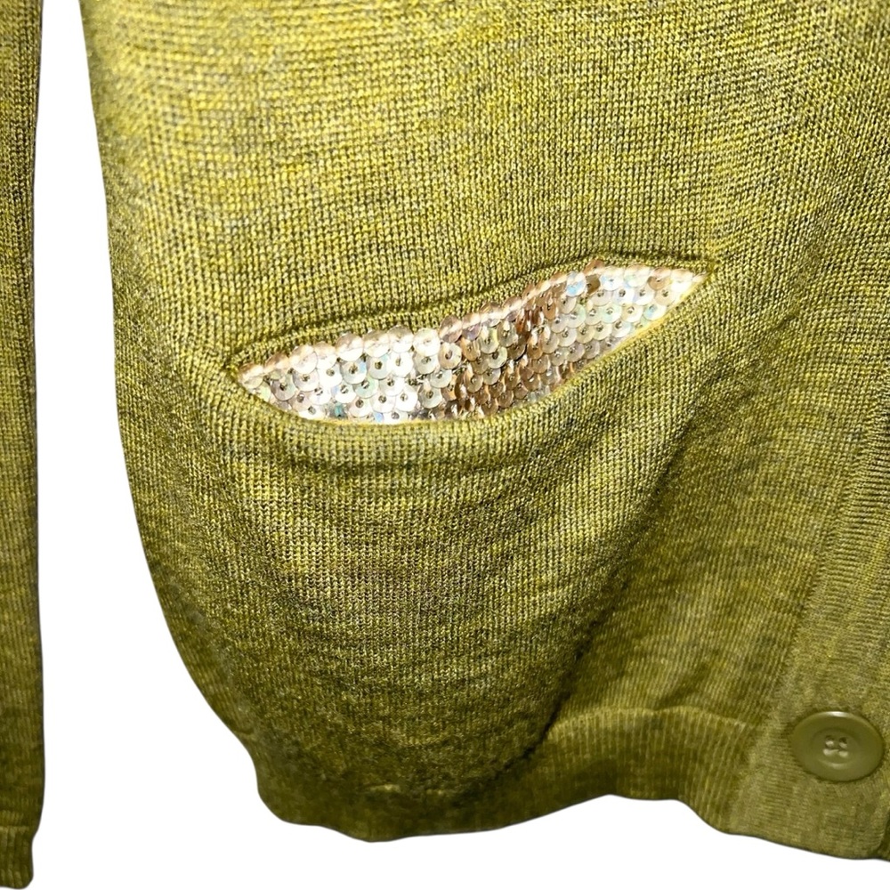 Ann Taylor LOFT V-Neck Cardigan Sweater Sequins Wool Button Lime Green Sz Sm - Picture 3 of 7